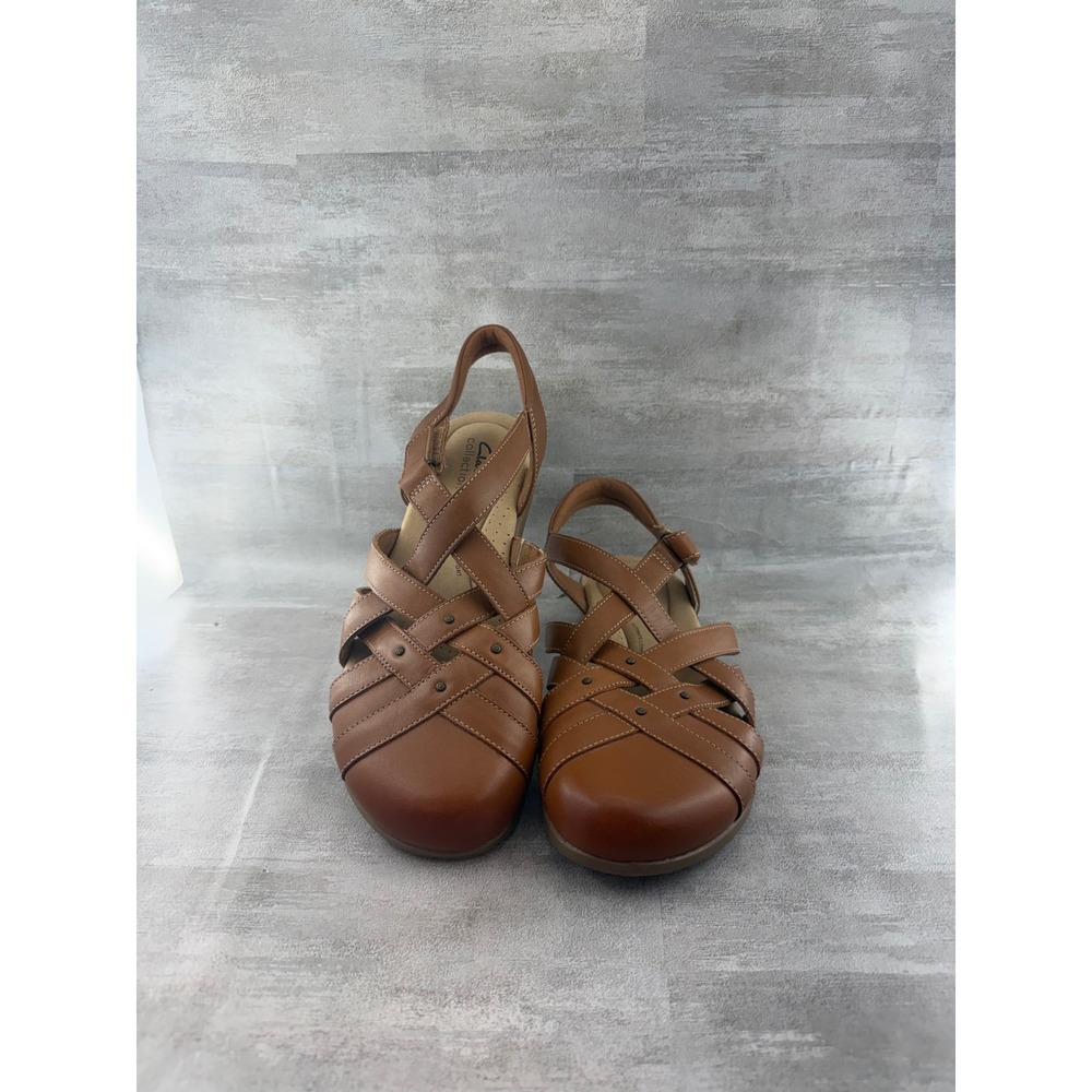 Clarks Collection Women Tan Brown Leather Woven Strappy Sandals Sz 9.5M